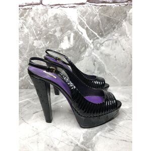 MIU MIU Black Patent Leather Peep Ankle Strap Platform Stiletto Heels Women 38.5